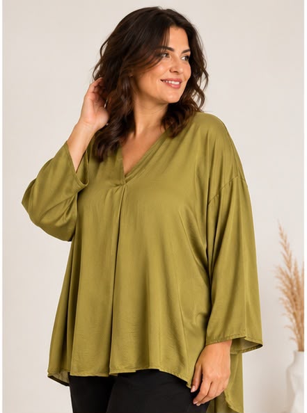 Blusa Fluida scollo a V verde oliva Dejavù over