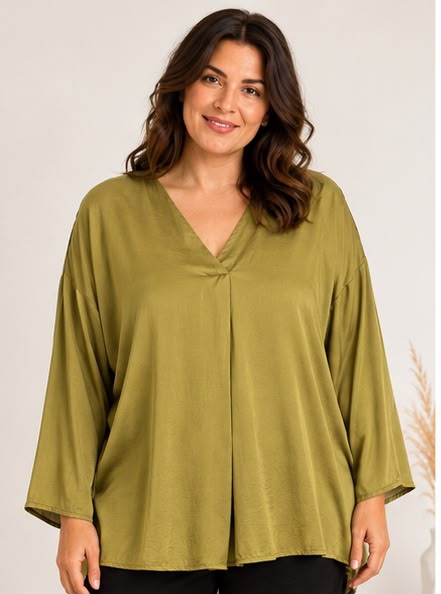 Blusa Fluida scollo a V verde oliva Dejavù over